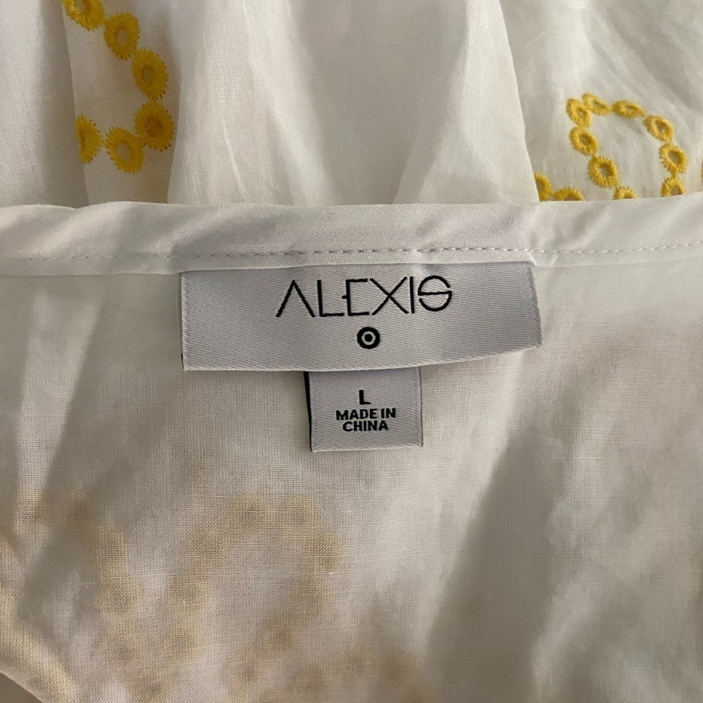 Alexis White Yellow Cottage Core Embroidered Eyelet Midi‎ Dress Women's Large - Picture 12 of 13